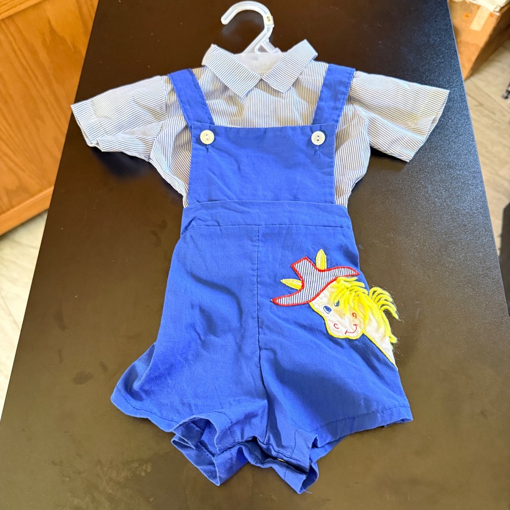 Vintage Color Kids Overall Set Kids 18M Blue Horse Applique Pinstripe Shirt
